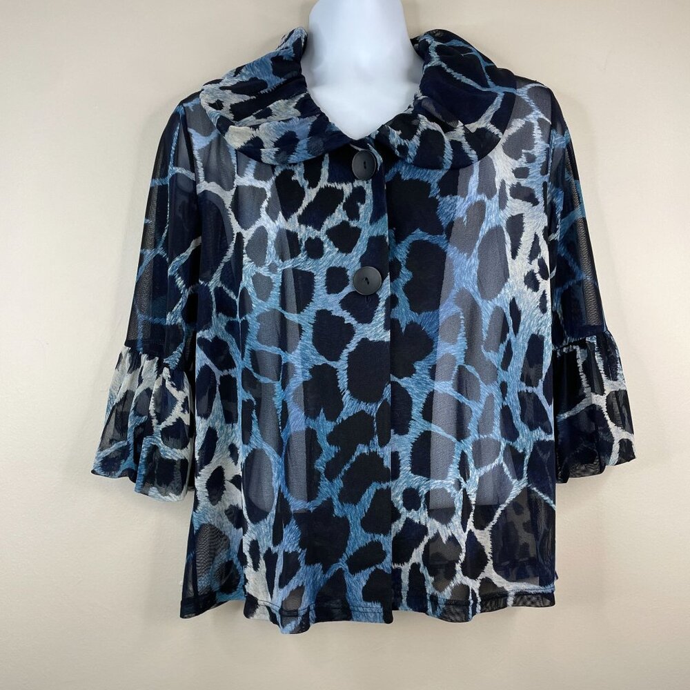 Damee Womens Coastal Sheer‎ Jacket Size 1X Blue Artsy Animal Print Beachy Travel
